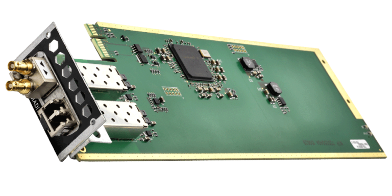 DAD Dual MADI Interface Card with dual bidirectional AES10 MADI ports, SFP transceiver slots and sample rate conversion for professional broadcast and recording systems.