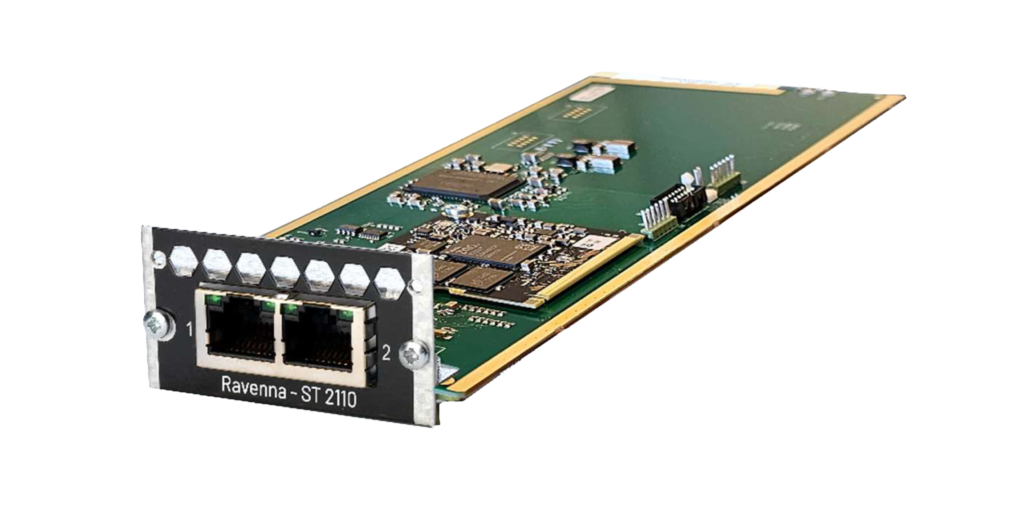 DAD CARD-RAVENNA 128-channel RAVENNA, AES67 and SMPTE ST 2110 Audio over IP interface card with dual RJ45 Ethernet ports.